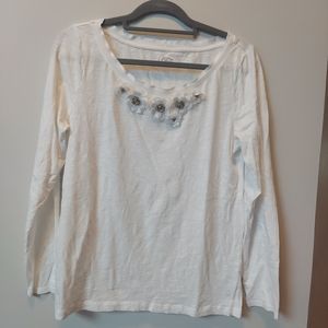 Loft White with floral accents Long Sleeve top Shirt - Size Large. #